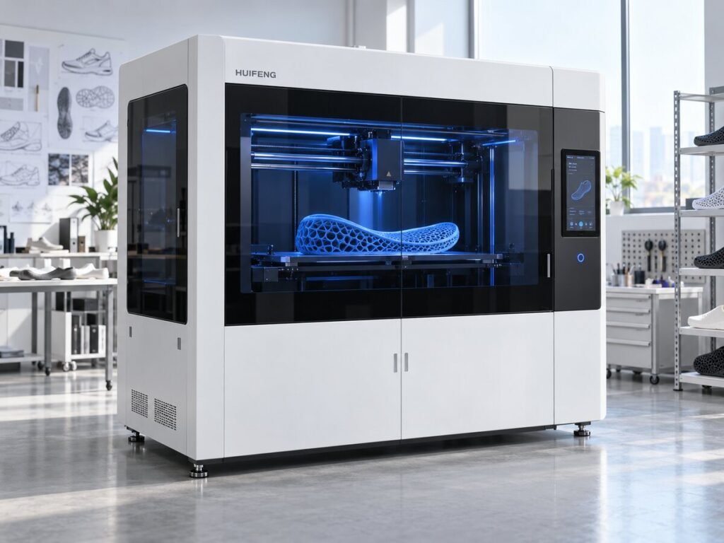 Large white HuiFeng footwear 3D printer producing a lattice midsole