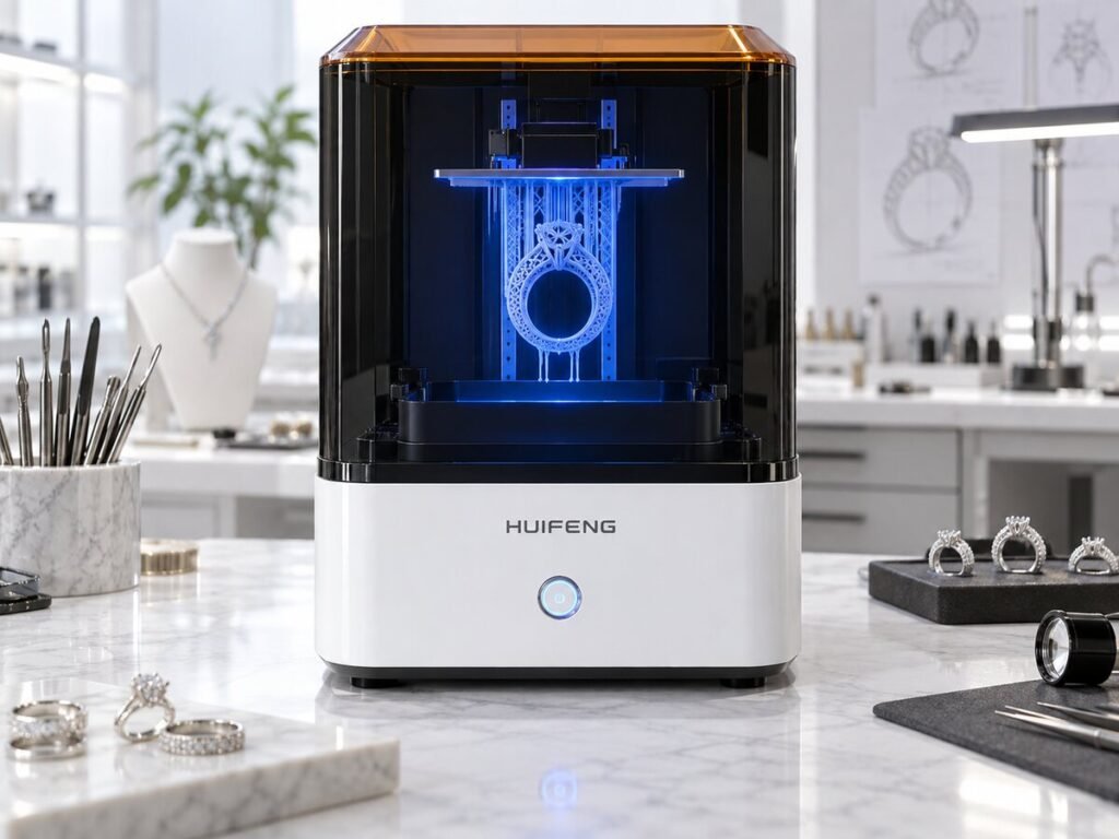 White HuiFeng jewelry 3D printer producing a detailed ring pattern